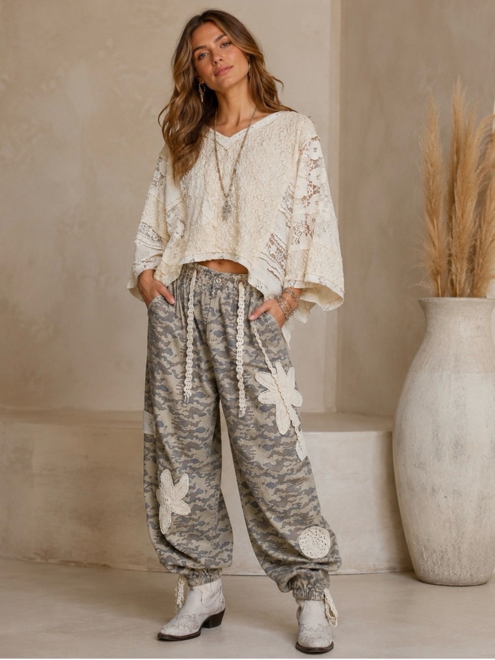 K992 POL Women's Camo Wide Leg Pant w/Cream Lace-Accents & Crochet Applique NEW